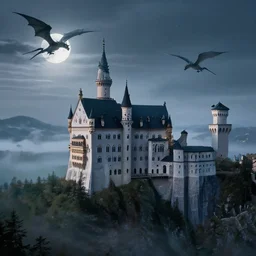 castle on a high mountain, distant dragons are flying, fog, night, moon