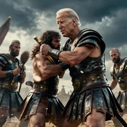 cinematic action shot of joe biden as leonidas fighting in 3 0 0 movie, 8 k, epic moody sky, dramatic lighting