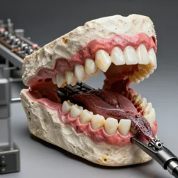 hr giger - designed assembly line made of teeth and gums. assembly line made to chew objects.