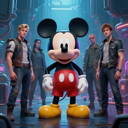 a group of people standing around a mickey mouse, cyberpunk art by eddie mendoza, cgsociety, retrofuturism, dystopian art, reimagined by industrial light and magic, concept art