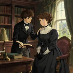 victorian britain 1 8 3 0, william nightingale tutoring adolecent florence nightingale in science inside an english victorian manor library, light from a window on the right, finely detailed perfect art, gapmoe yandere grimdark, trending on pixiv fanbox, painted by greg rutkowski makoto shinkai takashi takeuchi studio ghibli