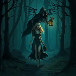 fantasy woman elf walks in night forest, holding lantern in hands. girl is hunted by dark fairy demon, ghost of death, black skeleton in cloak hood.