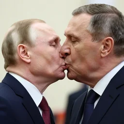 a photo of vladimir putin kisses sergey lavrov, lovely kiss, kiss mouth to mouth, romantic, emotional, love scene, insane details, clear face, clear eyes, textured, 8 k resolution, professional photography, dslr, focus, zeiss lens, depth of field, studio quality, fashion photoshoot, extremely detailed, artistic, octane render, playboy cover