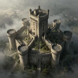 crusader castle, krak de chevalier, epic scale, extremely high towers, vertiginous, aerial view, matte painting, dramatic lighting, fog, dark souls, fantasy, artstation