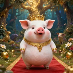 pig deity, fat figure, cute, elegant, furry, white, gold, warm, wearing a crown, bracelets and necklaces, red carpet, figure, realistic, hair detailing, background is heavenly, wonderland at night, the light in the deep forest full of mythical creatures of the picture, according to european art, golden sacred tree, golden apple, flower garden, hyper realistic render. den noise
