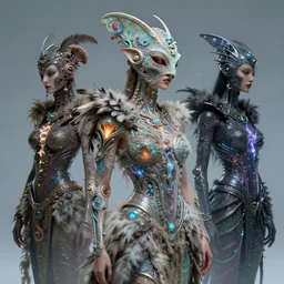 3 d goddess medium shot half - turn portrait with futuristic rococo mycorrhizal fungal implants. beautiful intricately detailed avante garde chameleon mask and alchemical feather and fur sorceress outfit. bioluminescent highlights, polyphony, pulse projections, plasma, creature, artwork by tooth wu and wlop and android jones and beetle and greg rutkowsk
