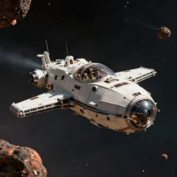 a spaceship flying in an asteroid field, cinematic, strong lighting, realistic, film look, high detailed, by anton fadeev and paul lehr and david heskin and josan gonzalez, 8 k