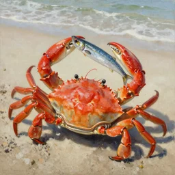 red crab holding a sardine on a beach, oil on canvas, extremely detailed,