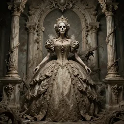 a beautiful detailed front view of a dead rotten princess with ornate growing around, ornamentation made of baroque architecture, elegant, beautifully soft lit, by wayne barlowe, peter mohrbacher, kelly mckernan