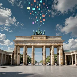 empty berlin during lockdown with data falling from the sky and clouds int he landscape, digital art, 3 d art,