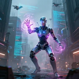 cyberpunk android casting a magical spell inside a simulation, magic lines of code in the air, special effects, lens flare, cinematic lighting, atmosphere, digital world, higly detailed, futuristic street, flying drones, foggy weather, apartments, artstation, art by eddie mendoza and leif heanzo