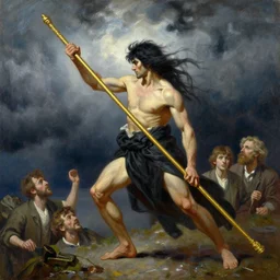 raijin with a long golden rod. strong storm in the background. realistic, highly detailed, oil painting. by oil painting in a modern style, very detailed, painted by greg rutkowski, sachin teng, thomas kindkade, alphonse mucha, norman rockwelll