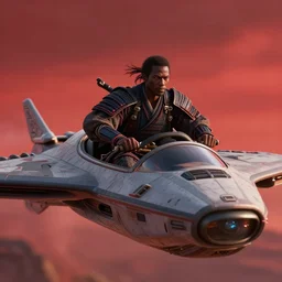 a film still of a light skinned black man starring as an ancient samurai flying in a futuristic spacecraft, japanese blockbuster film, the sky is red, shallow depth of field, cinematic, award winning cgi, vfx, film still