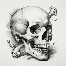 a Skull mutatibg and distorting into unnatural shapes, ink on paper, crosshatch shading