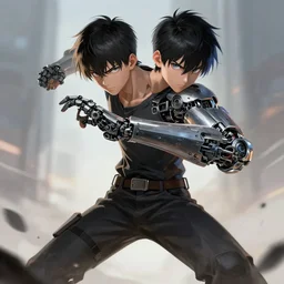 anime teen guy with a mechanical right arm, fighting stance, wlop, concept art, digital painting, trending on artstation, highly detailed, epic composition, 8 k uhd