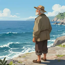 old gruff fisherman staring out to sea, extremely detailed, sharp focus, wide view, full body shot, smooth, digital illustration, by james jean, by rossdraws, frank franzzeta, mcbess, sakimichan, brosmin, danton fadeev, steve simpson