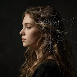 a woman's face in profile, long flowing hair entwined in intricate decorative cobwebs, in the style of the dutch masters and gregory crewdson, dark and moody