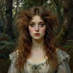 a beautiful and eerie baroque painting of a gorgeous young woman from hawkshead, with wild hair and haunted eyes, 1 9 7 0 s, woodland, afternoon light, delicate embellishments, painterly