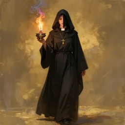 ( a priestess with a hood that covers half her face carries an incense burner that emits a pleasantly colored flame. ) by anato finnstark, photorealistic, fullbody portrait, dynamic lighting, beautiful, trending on artstation, wallpaper, 4 k, award winning, digital art, golden hues