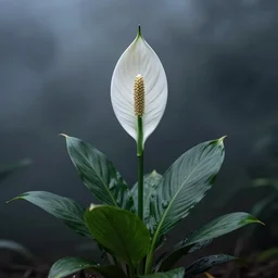 Peace Lilly, a common room plant in a mysterious fog, digital art, dark atmosphere by Marby Kwong, (((((((Makoto Shinkai Raphael Lacoste Martin Deschambault Finnian MacManus ArtStationhq IAMAG