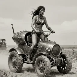 vertical movie frame with female warrior riding tall ancient steam punk buggy, hunting, armor inspired by bikini and doom and fashion, strong blooded body, brutal blooded sluty symmetrical face, epic, cinematic lighting, award winning, establishing shot, extremely high detail, photorealistic, brutal, provocative, natural lighting, octane render, old photo, vintage, black and white, sepia, old photography, documentary photography
