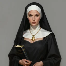 portrait of megan fox as a nun in tight black robe, bible, christian, muscular upper body, collar, greek, jewelry, fantasy, intricate, elegant, highly detailed, digital painting, artstation, concept art, matte, sharp focus, illustration, art by aenaluck and roberto ferri and greg rutkowski, epic fantasy, digital painting