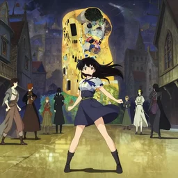 anime frames, anime visual, full body portrait of a young woman in the medieval city square looking at the fantasy palace in the distance, cute face by ilya kuvshinov, alphonse mucha, dynamic pose, dynamic perspective, rounded eyes, moody, psycho pass, kyoani, gustav klimt, yoh yoshinari