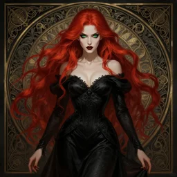 portrait of a dark fantasy seductive female necromancer, stylish black dress, green eyes, long red hair, fantasy, elegant, intricate, full frontal shot, highly detailed, digital painting, artstation, concept art, sharp focus, illustration, art by artgerm and greg rutkowski and alphonse mucha