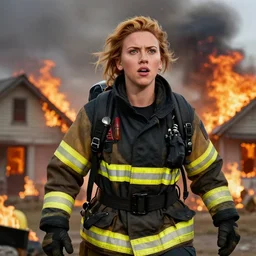 a frantic looking scarlett johansson as a firefighter, surrounded by a burning houses, afro samurai anime style, charcoal sketch, dramatic lighting,