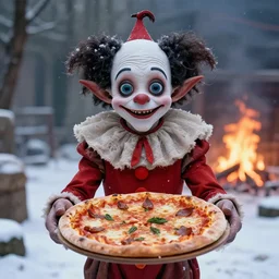 gollum smeagol dressed as pulcinella is holding a pizza up to the camera, snowy environment, fire in the background, ultra detailed, ultra realistic, by beksinski, alejandro jodorowsky, giger, greg rutkowski, carne griffith trending on artstation, deviantart, photorealism
