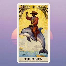 a beautiful tarot! painting of a regal african cowboy riding a dolphin! in front of a pale lavender sunrise, dawn, predawn, golden light, art deco!, art nouveau, silhouette, no crop, trending on artstation