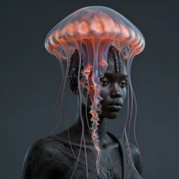lost in paradise hyperdetailed illustration by irakli nadar, adut akech, matt wisniewski style, intricate linework, dark black skin, box jellyfish headdress, unreal engine 5 highly rendered,