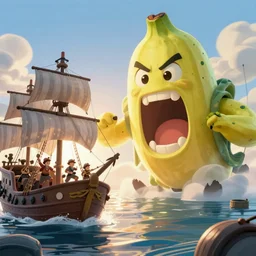memorable animation key shot, backlit, pirate ship broadside attack on colossal screaming angry banana golem covered in fishing wire, hooks and barnacles, sludge, by ilya repin, by satoshi kon, shinji kimura, ghibli, daylight pastel color palette