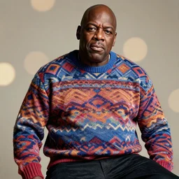 headshot of the notorious big, wearing a colorful coogi sweater, and black jeans, photoshoot in the style of annie leibovitz, studio lighting, soft focus, bokeh