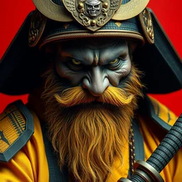 portrait of old samurai with a goat beard, ready to fight, goth punk, vibrant yellow, colors, surreal, a french baroque by by alexander mcqueen, hyper detailed, very detailed, photograph, cinematic lighting, photorealistic, octane render, no red background