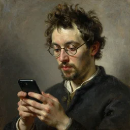 portrait of a gorgeous man with glasses holding smartphone!! oil painting by joseph ducreux, dutch master, art, oil on canvas, wet - on - wet technique, highly realistic, expressive emotions, intricate textures, illusionistic detail, 4 k