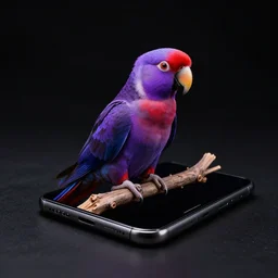 a photo of a purple and red parrot on a smartphone in a dark black room