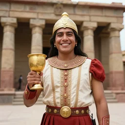 smiling spanish conquer soldier holding golden cup on a inca temple