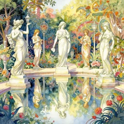 a beautifull intricate watercolor painting of a statues garden, reflexions, verry high details, colorfull, by william turner art, by greg rutkowski, by alphonse mucha, by james jean, by rossdraws, by frank franzzeta, by sakimichan, trending on artstation, very very detailed, masterpiece,