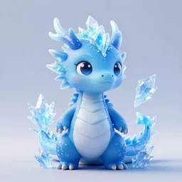 a 3 d render of a cute, blue, female, anthropomorphic dragon with ice crystals growing off her