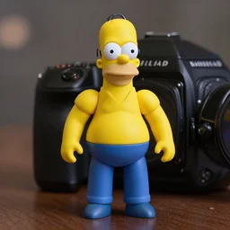 a muscular homer simpson action figure, clear focus, bokeh effect, high res, hasselblad, dslr, professional, cinematic