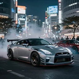 a car GTR twin turbo drift at illegal car meet, Shibuya prefecture, city midnight mist lights, cinematic lighting, photorealistic, highly detailed wheels, high detail