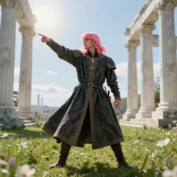 medieval noble male with pink hair and pink bang full body view, dramatic pose, photorealistic, sun in the sky, bloom, green grassy land and white marble columns in the background