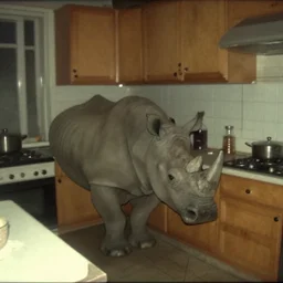 a rhinoceros in a stalinist style kitchen, by mini dv camera, very very low quality, heavy grain, very blurry, accidental flash, caught on trail cam