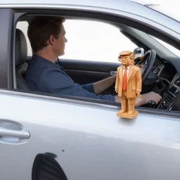 a man driving a car, his car has a wooden statue of trump attached to the back of the car.
