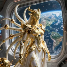 a photo of 8k ultra realistic nanotech swarm lovecraftian golden humanoid queen standing next to a spaceship window overlooking earth, 8 intricate white and gold tentacles, ornate white and gold armour, cinematic lighting, trending on artstation, 4k, hyperrealistic, focused, extreme details, unreal engine 5, cinematic, masterpiece