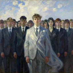 crowd of people in sky wearing suits and flowing cloths, portrait face, caustics, light rays, in the style of matt murphy, enes dirig, jeremy enecio, intricate, miles johnston, monet, cynical realism, john william godward, painterly, yoshitaka amano, miles johnston, louise zhang, matt murphy, enes dirig, pekka halonen, finnish naturalism, realism