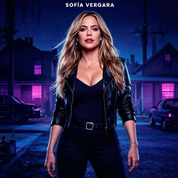 a horror movie poster, staring Sofía Vergara as the heroine, neighborhood themed, by Tom Whalen, synthwave cyberwave
