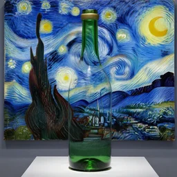 a bottle on display filled by the sky painting by van gogh starry night, by van gogh