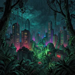 a beautiful ultradetailed illustration of landscape city urbex nature by vija celmins, gem dramatic lighting neon noir rainforest at night alien, archdaily, wallpaper, highly detailed, trending on artstation.